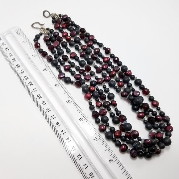 Vintage Beaded Necklace Pearled Burgundy, Matte Black Red Black Czech Crystal - Picture 3 of 10
